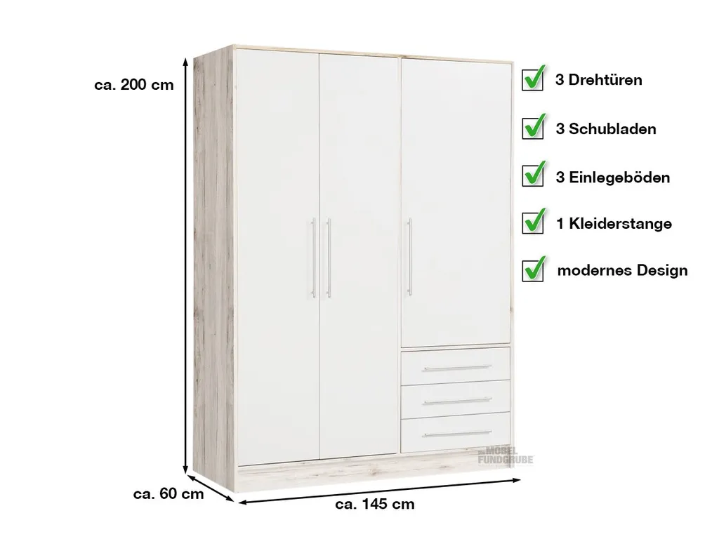 Drehtürenschrank Kleiderschrank JUPITER Weiß - Sandeiche 145 Cm 3 - Türig - Die Möbelfundgrube – Bild 3