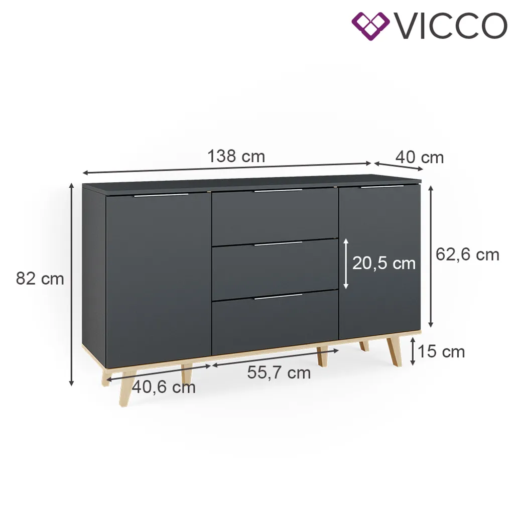 Vicco Sideboard Neptune Anthrazit Eiche 138 X 82 X 40 Cm Holzwerkstoff – Bild 3