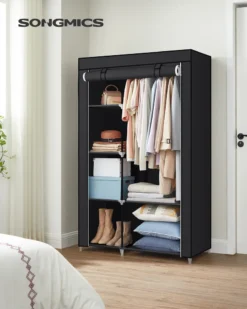 SONGMICS Kleiderschrank, Garderobe, Mit 1 Kleiderstange, 6 Ablage, Vliesstoff, Metallrahmen, 45 X 105 X 168 Cm, Für Schlafzimmer, Flur, Schwarz RYG085B02