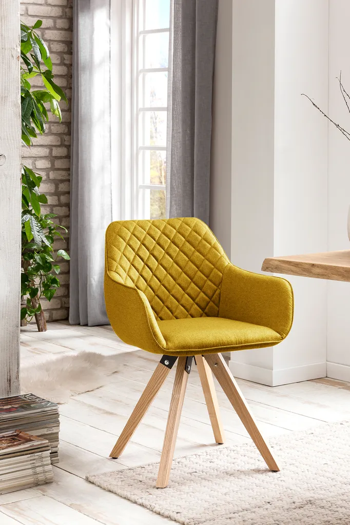 SalesFever Polsterstuhl 2er Set Mit Armlehnen | Bezug Textil | Gestell Eichenholz Massiv | Rautensteppung Im Rückenbereich | B 59 X T 61 X H 88 Cm | Curry-gelb – Bild 8