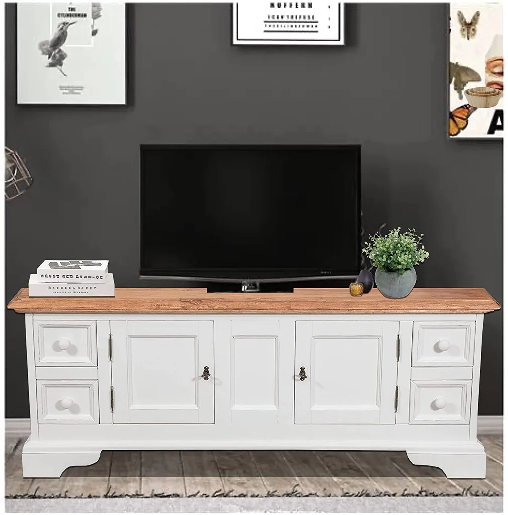 Tv Schrank 150x51x56 Cm, Tv Möbel Massivholz, Weiß/Holz – Bild 10