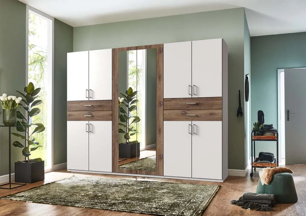 Taiga 10-türiger Kleiderschrank Mit 2 Spiegeln Weiß / Flagstaffeiche, Passepartout (Rahmen):ohne Passepartout