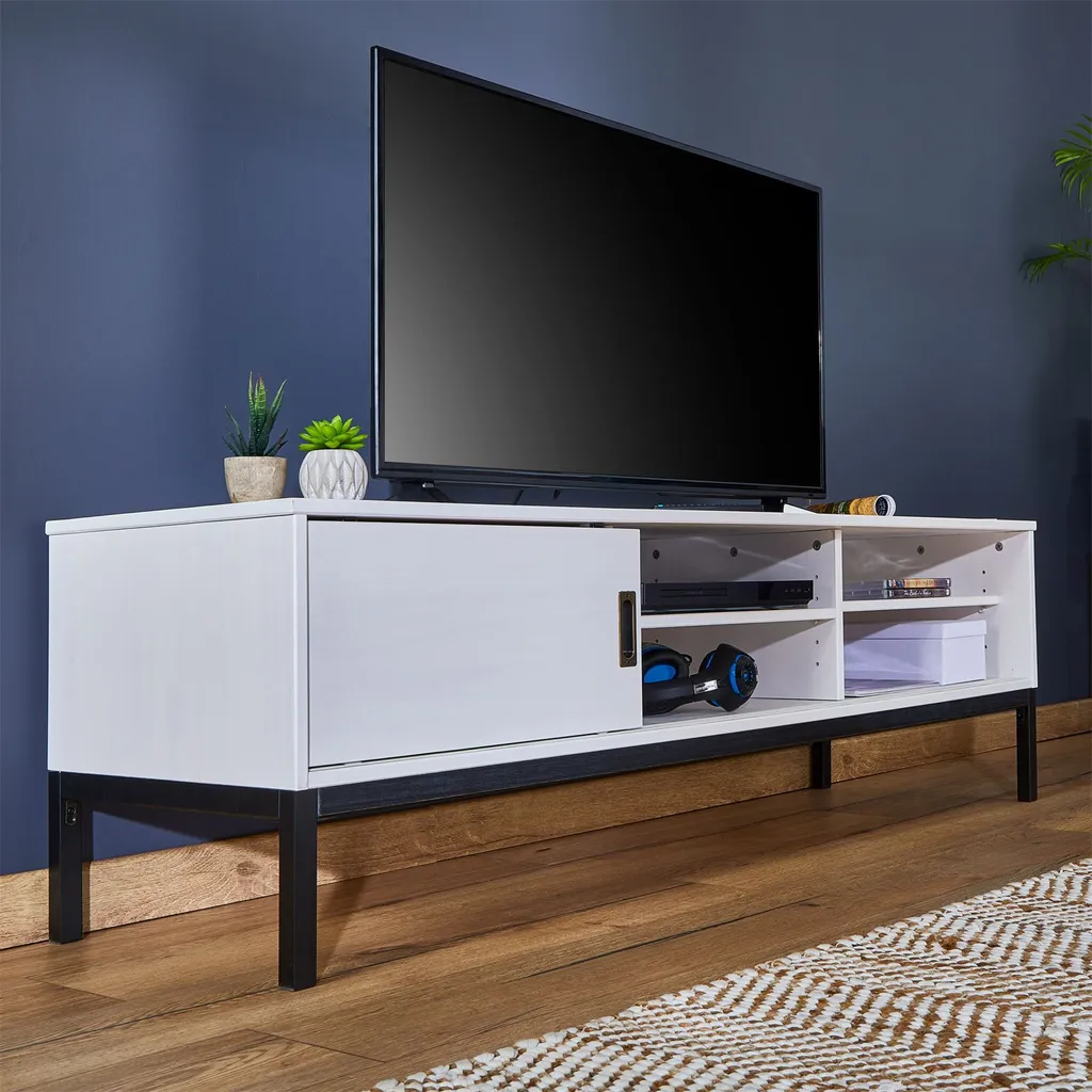 Lowboard TV Möbel SELMA, Fernsehtisch Fernsehschrank Im Industrial Design Mit 2 Schiebetüren 1 Offenes Fach, Kiefer Massiv, Weiß – Bild 7