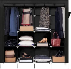 Kleiderschrank Höhe 180cm, Stoffschrank Faltschrank Mit 4 Kleiderstangen Und 2 Taschen, 180cm*170cm*45cm, Schwarz - Meerveil