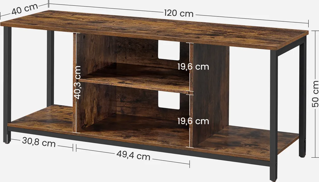 VASAGLE Fernsehtisch, TV-Schrank, TV-Regal, 120 X 40 X 50 Cm, Für Fernseher Bis Zu 60 Zoll, Lowboard Mit Offenen Fächern, Industrie-Design, Vintagebraun-schwarz LTV060B01 – Bild 2