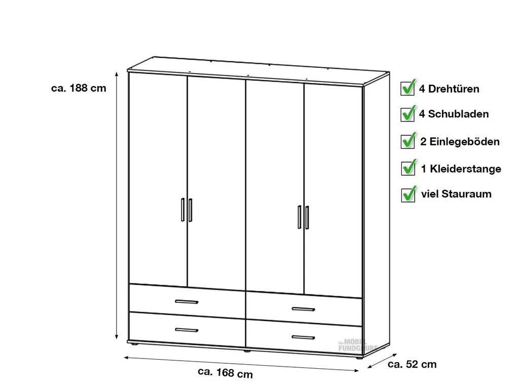 Kleiderschrank RASANT Drehtürenschrank Weiß 168 Cm 4-türig - Die Möbelfundgrube – Bild 3