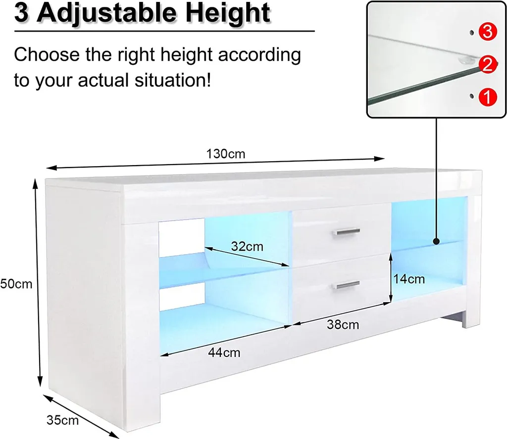 Iropro TV Schrank Board Lowboard Fernsehtisch Mit LED Beleuchtung Weiß Hochglanz Mit Schubladen, 130x50x35 Cm – Bild 5