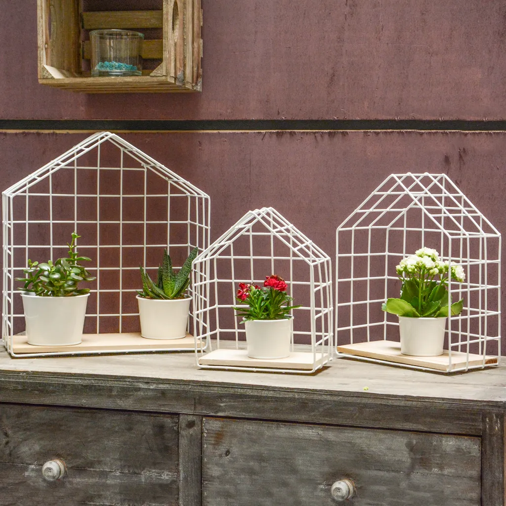 UNUS GARDEN 3er Set Wandregal Metallgitter Haus Weiß Zum Aufhängen Mit 4 Töpfen – Bild 4