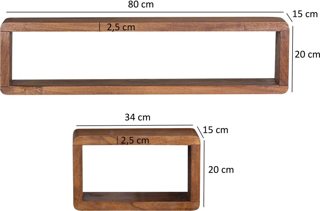 WOHNLING Design Wandregal 3er Set BOHA Massiv Holzregale Sheesham Landhausstil | Rustikales Wandregal-Set Holz | Hängeregal Viereckig Echtholz | Wand-Regale | Hängend Würfel | Regal Wandkästen Eckig – Bild 3
