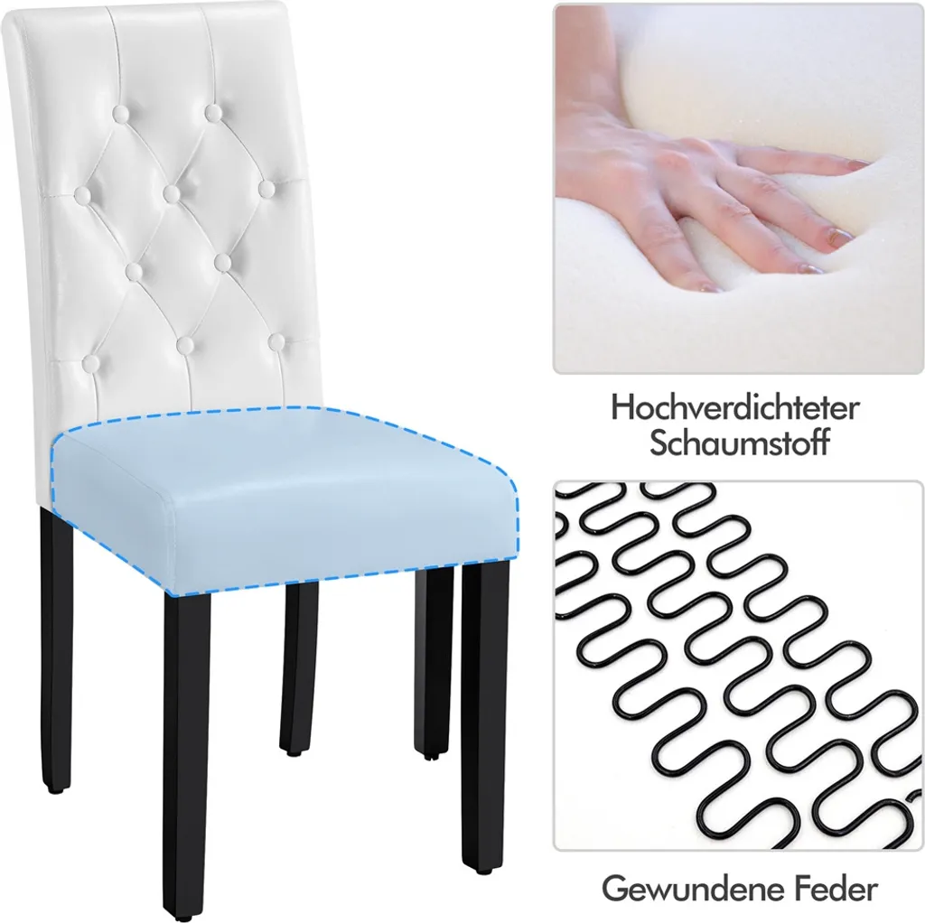 Yaheetech Esszimmerstühle 2er Set Küchenstuhl Polsterstuhl Mit Hoher Rückenlehne, Beine Aus Massivholz, Gepolsterte Sitzfläche Aus Kunstleder Weiß – Bild 7