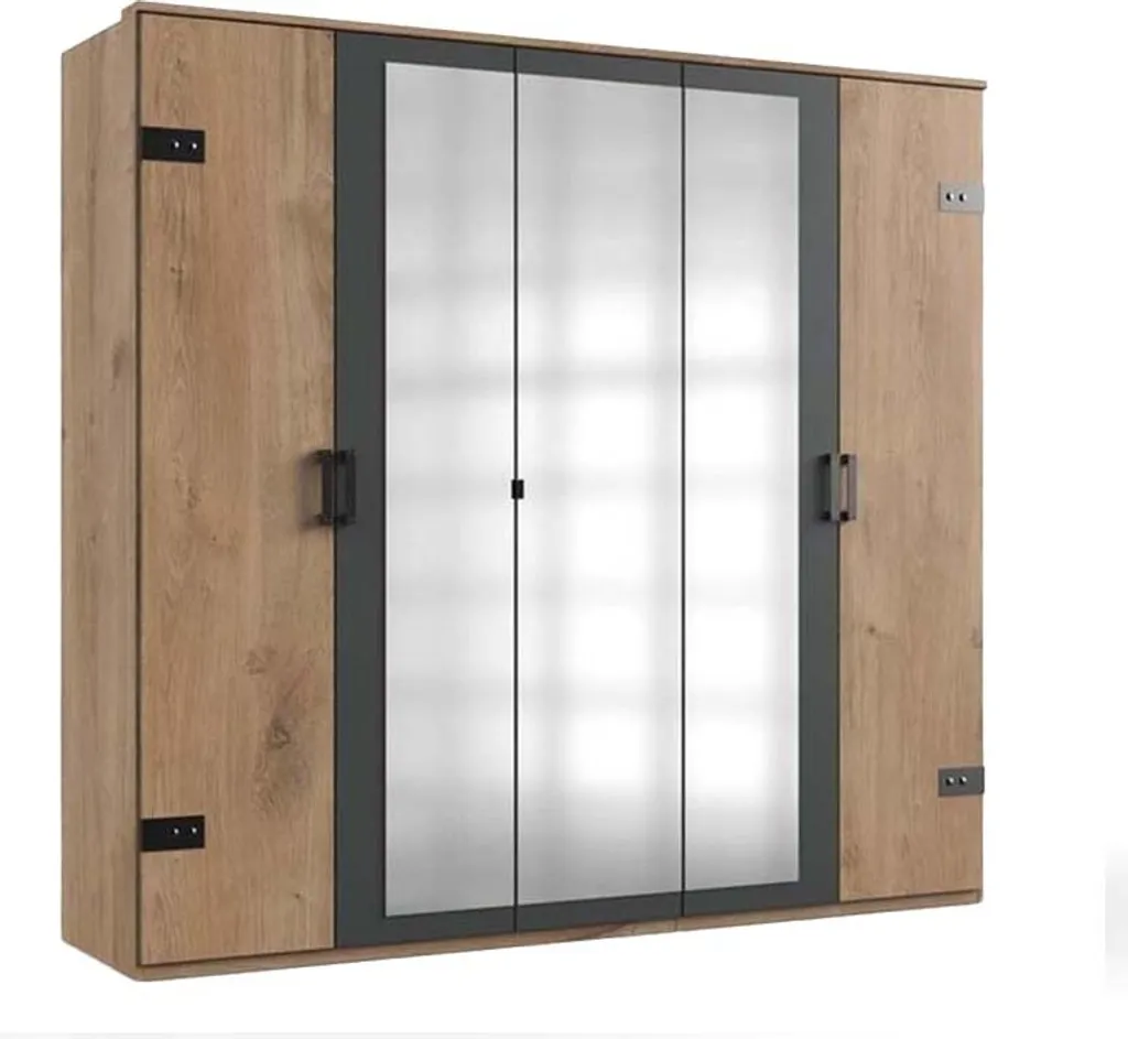 Stockholm 5-türiger Kleiderschrank Mit Spiegel Plankeneiche / Grau