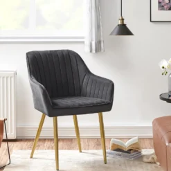 SONGMICS Esszimmerstuhl, Sessel, Loungesessel, Mit Armlehne, Bezug Aus Samt, Sitzbreite 49 Cm, Bis 110 Kg Belastbar, Metallbeine, Für Esszimmer, Küche, Grau-goldfarben LDC077G01