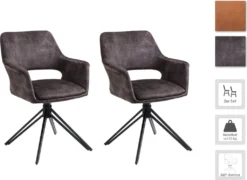 ByLIVING Esszimmerstuhl 2er Set Estelle / Vintage-Samt Anthrazit / Gestell Metall Schwarz / Sitzschale 360° Drehbar / Esszimmerstuhl / Wohnzimmerstuhl / B 57, H 84, T 61, Cm