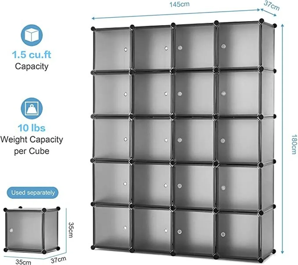 Meerveil Kunststoff Kleiderschrank Garderobenschrank Steckregal DIY Modular Schrank Regalsystem Mit 2 Kleiderstange (Halbtransparent Grau, 20-Kubus) – Bild 3