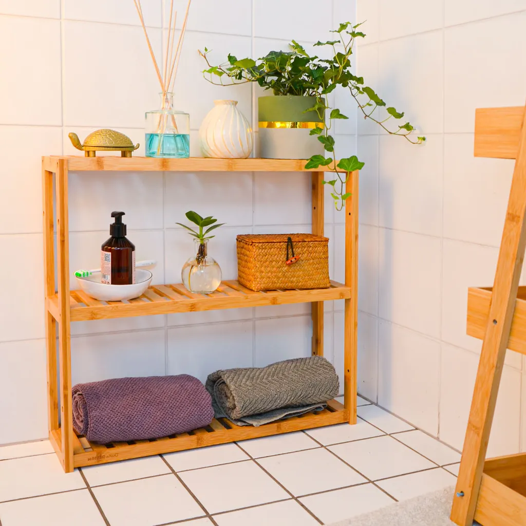 Bambus Wandregal - 60x54x15cm - Bad Küche Hängeregal Holz - Badregal Küchenregal – Bild 3