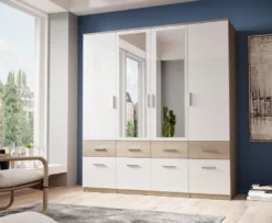 Kleiderschrank "Box" In Sonoma Eiche / Weiß Mit 8 Schubladen Und 4 Türen. Abmessungen (BxHxT) 180x198x55 Cm