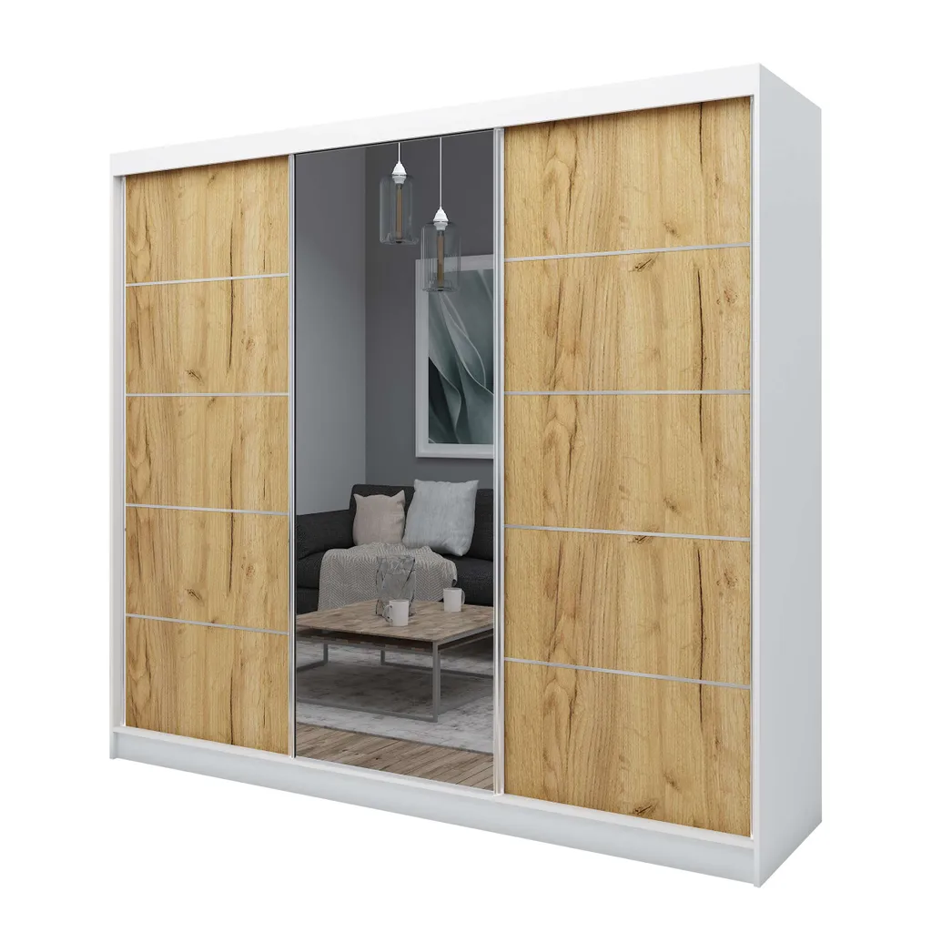 FURNIX Kleiderschrank MYIU 240 Schrank Schiebetüren Spiegeltür Weiß Artisan – Bild 2