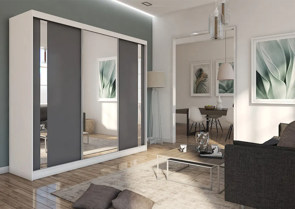 Grece - Flurschrank - Kleiderschrank Mit Spiegel - Schwebetürenschrank - Wardrobe - 240 Cm Grau – Bild 3