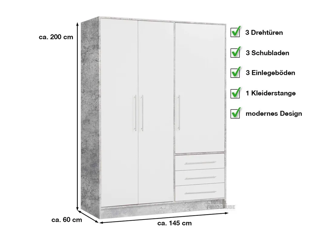 Kleiderschrank Drehtürenschrank JUPITER Betonoptik Weiß 145 Cm - Die Möbelfundgrube – Bild 3