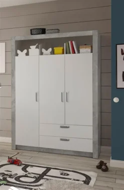 Schrank Kinderkleiderschrank Kinderzimmer Kleiderschrank "Timo I" Beton / Weiß