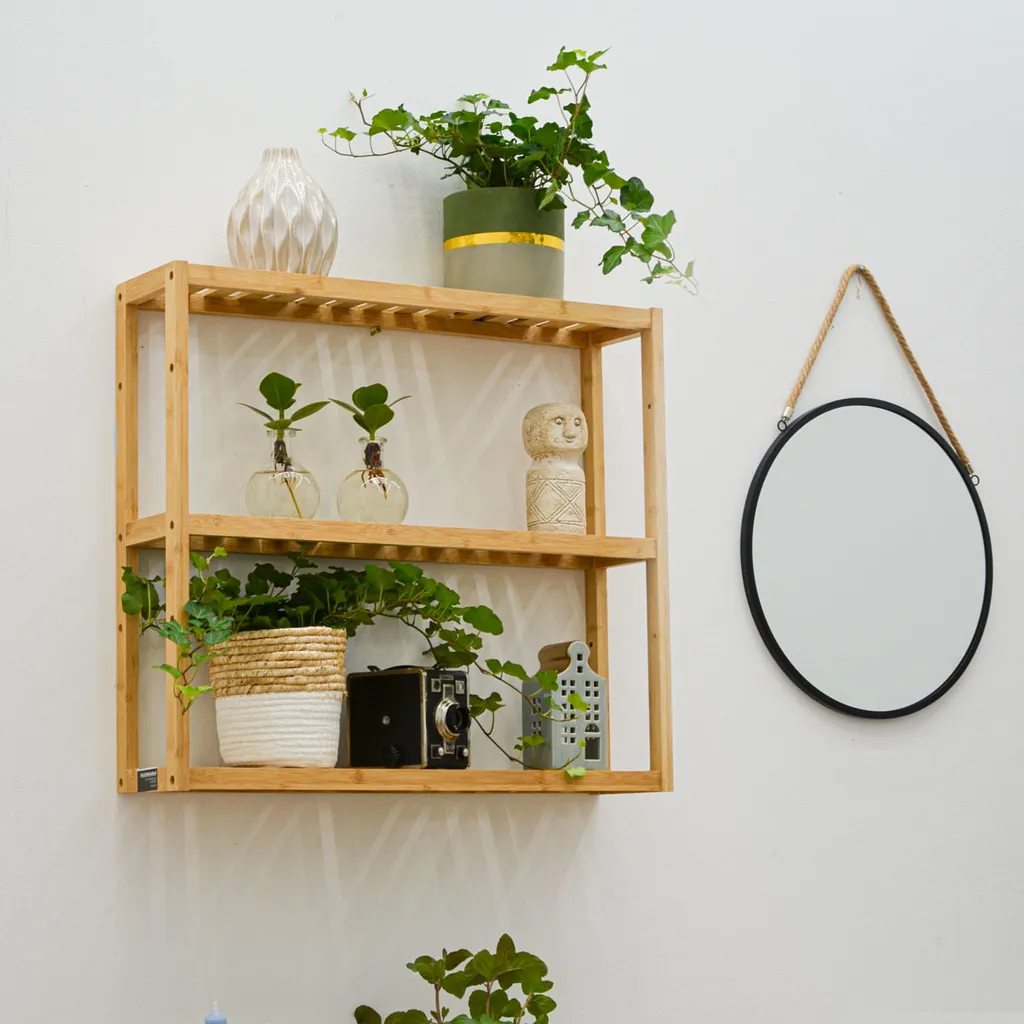 Bambus Wandregal - 60x54x15cm - Bad Küche Hängeregal Holz - Badregal Küchenregal – Bild 5