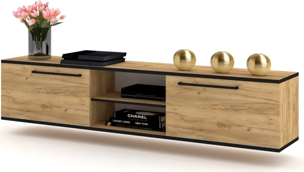 TV-Lowboard King Modern Fernsehschrank Hängende TV-Schrank Hängeschrank Golden Craft Eiche Schwarze Rant 140cm