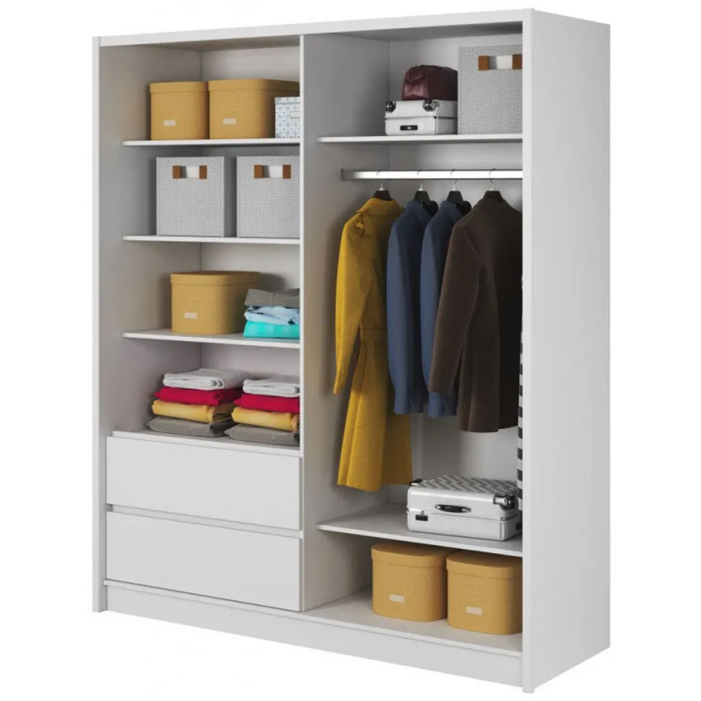 GRAINGOLD Schwebetürenschrank 180cm Steel - Kleiderschrank Mit Spiegel Und Schubladen - Schiebetürenschrank, Schrank Für Schlafzimmer - Weiß – Bild 2