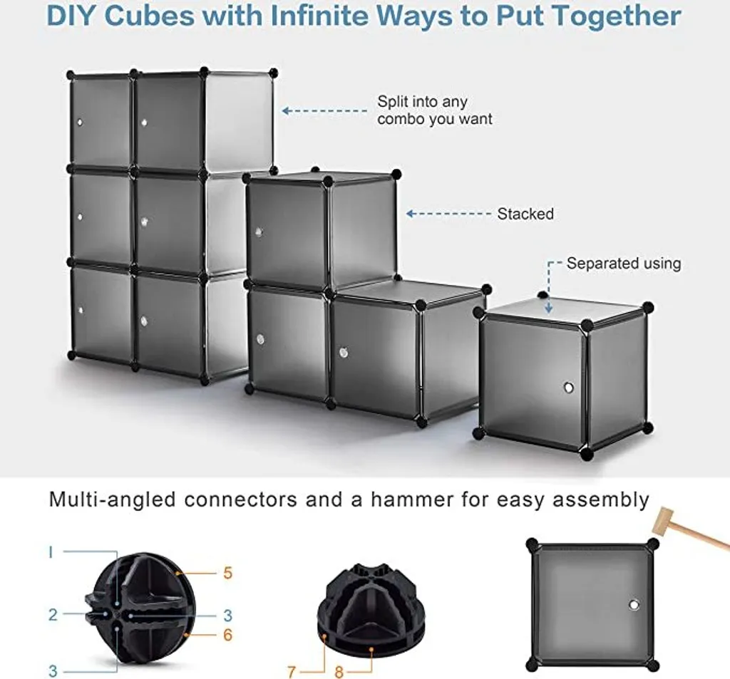 Meerveil Kunststoff Kleiderschrank Garderobenschrank Steckregal DIY Modular Schrank Regalsystem Mit 2 Kleiderstange (Halbtransparent Grau, 20-Kubus) – Bild 6