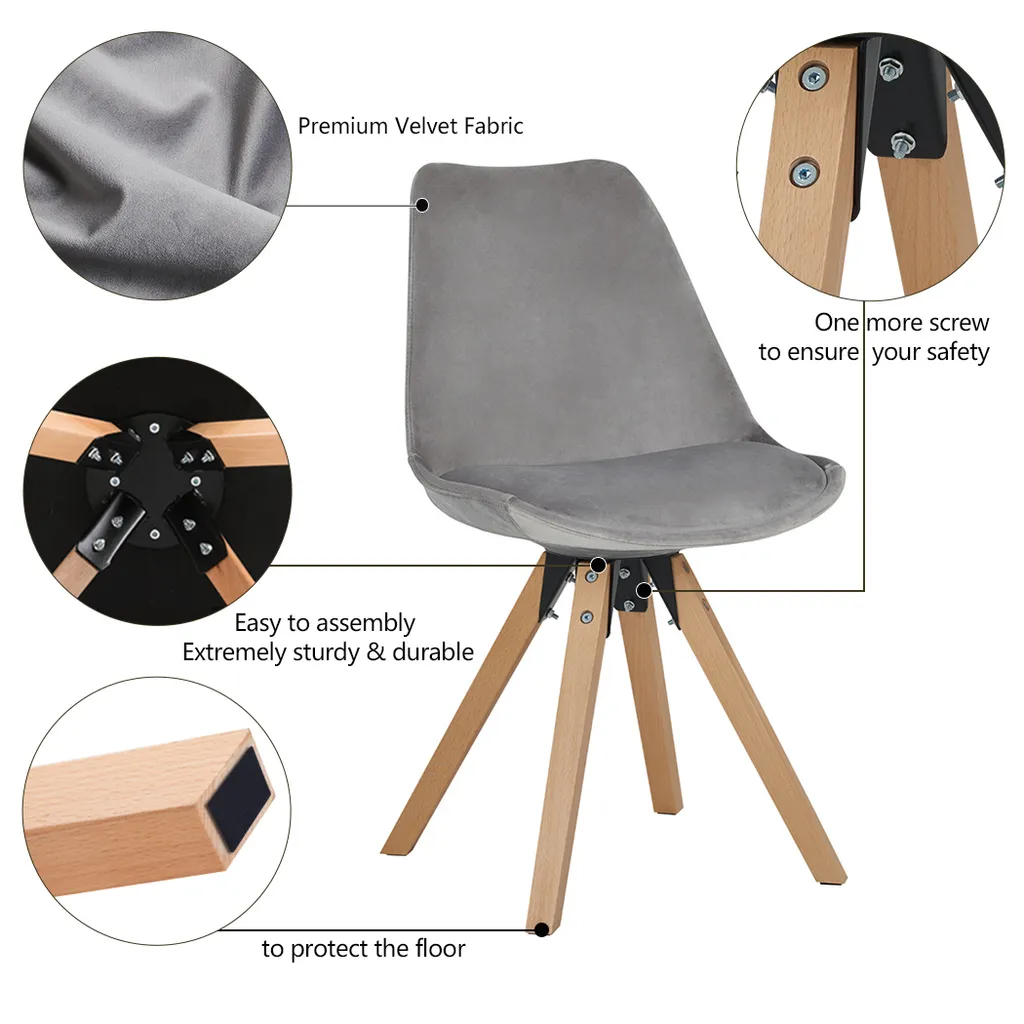 Stuhl Esszimmerstuhl Küchenstuhl 2er Set Grau Holz Beine Stoff Samt – Bild 6