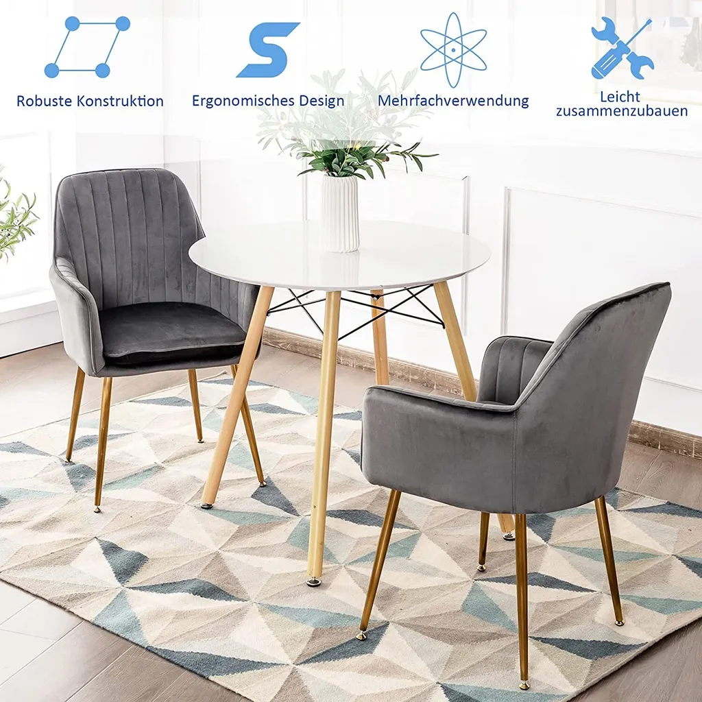 COSTWAY 2er Gepolsterte Esszimmerstühle,Samt Küchenstuhl Akzentsessel Mit Armlehnen & Rückenlehne,Polsterstuhl Wohnzimmerstuhl Mit Beinen In Goldoptik, Grau – Bild 3
