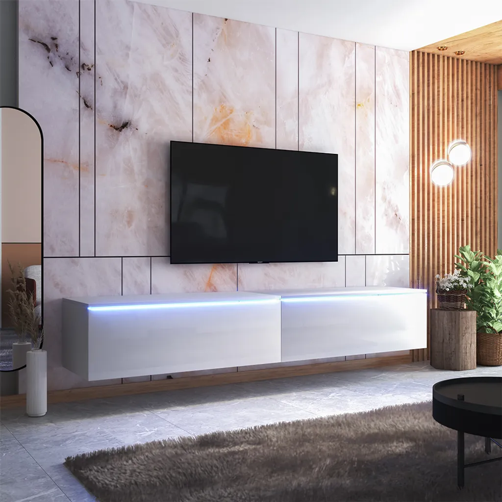 Selsey TV-Lowboard SKYLARA - TV-Möbel In Weiß Matt / Weiß Hochglanz Mit LED - 200 Cm Breit - Stehend / Hängend