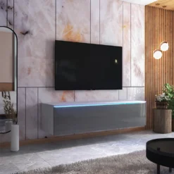 Selsey TV-Lowboard SKYLARA - Modernes TV-Hängeboard In Weiß Matt / Grau Hochglanz Mit Blauer LED-Beleuchtung, 160 Cm Breit