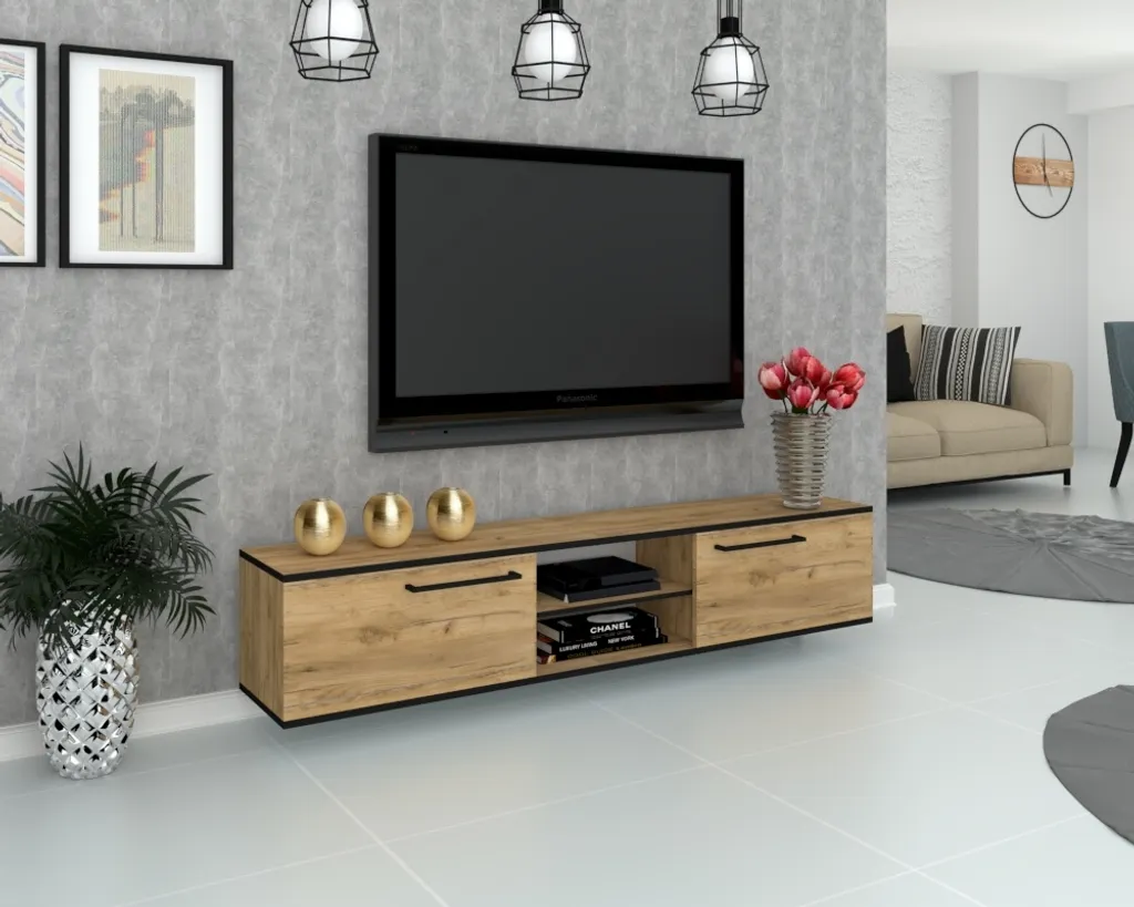 TV-Lowboard King Modern Fernsehschrank Hängende TV-Schrank Hängeschrank Golden Craft Eiche Schwarze Rant 140cm – Bild 2