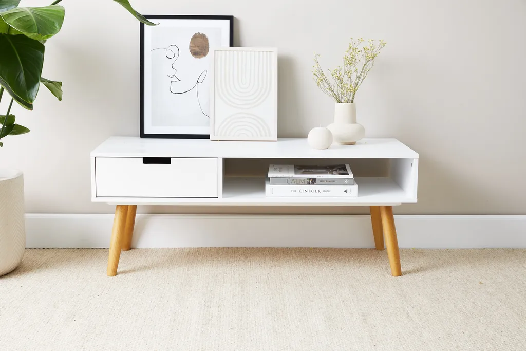 LIFA LIVING Fernsehtisch Lowboard Weiss Mit Schublade, Vintage TV Schrank TV Board Holz, Couchtisch Wohnzimmertisch Für Flachbildschirm Fernseher Konsole, 40x100x40 – Bild 2