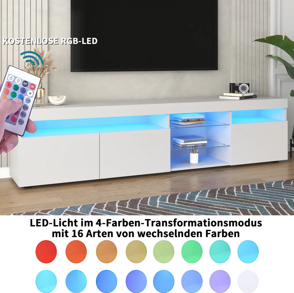 Merax LED TV-Lowboard Weiß Hochglanz Mit LED-Beleuchtung Inkl. Fernbedienung, TV Schrank TV-Schränke Fernsehtisch 180cm Wohnzimmerschränke – Bild 2