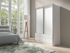 FURNIX Kleiderschrank POLNEA Mit Schiebetüren Und 6 Schubladen Weiß