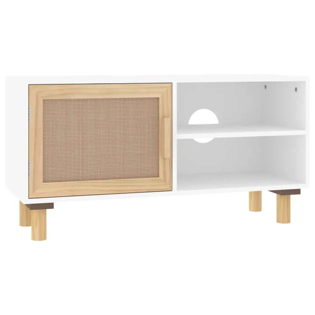 VidaXL TV-Schrank Weiß 80x30x40 Cm Massivholz Kiefer Und Natur-Rattan – Bild 2
