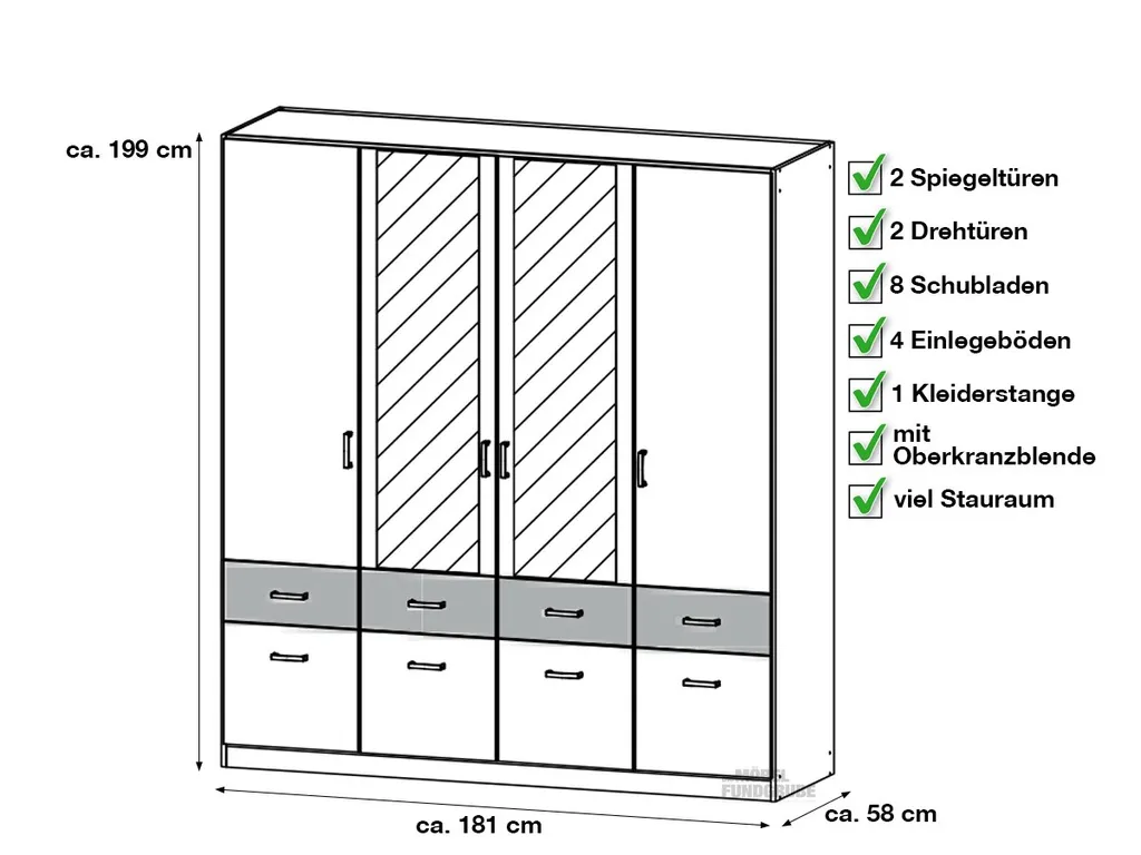 Kleiderschrank BREMEN - EXTRA Drehtürenschrank Mit Spiegel Betonoptik - Weiß 181 Cm - Die Möbelfundgrube – Bild 3