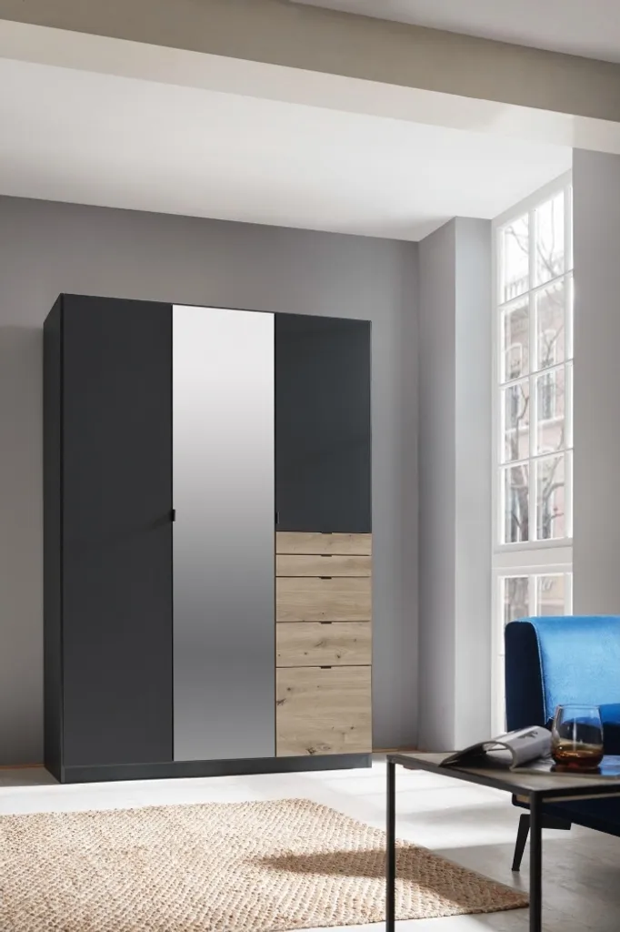 RAUCH AD644_02L6 Kleiderschrank 3-trg./1xSpiegel/5xSchubkästen Ontario In Grau/Abs. Eiche Artisan – Bild 2