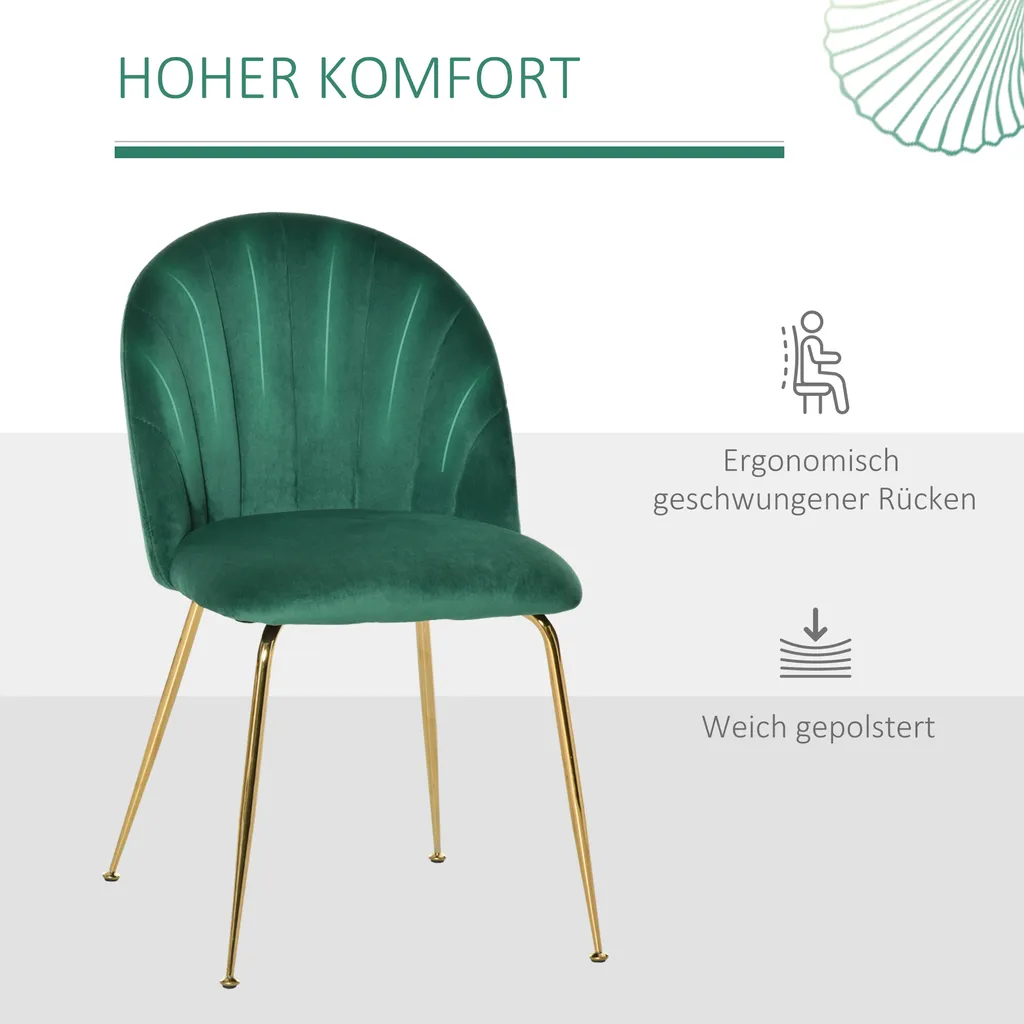 HOMCOM 2er-Set Küchenstühle Esszimmerstühle Polsterstuhl Mit Rückenlehne Wohnzimmerstuhl Essstühle Mit Metallbeinen Polyester-Gewebe Grün+Gold 52 X 52 X 81 Cm – Bild 5