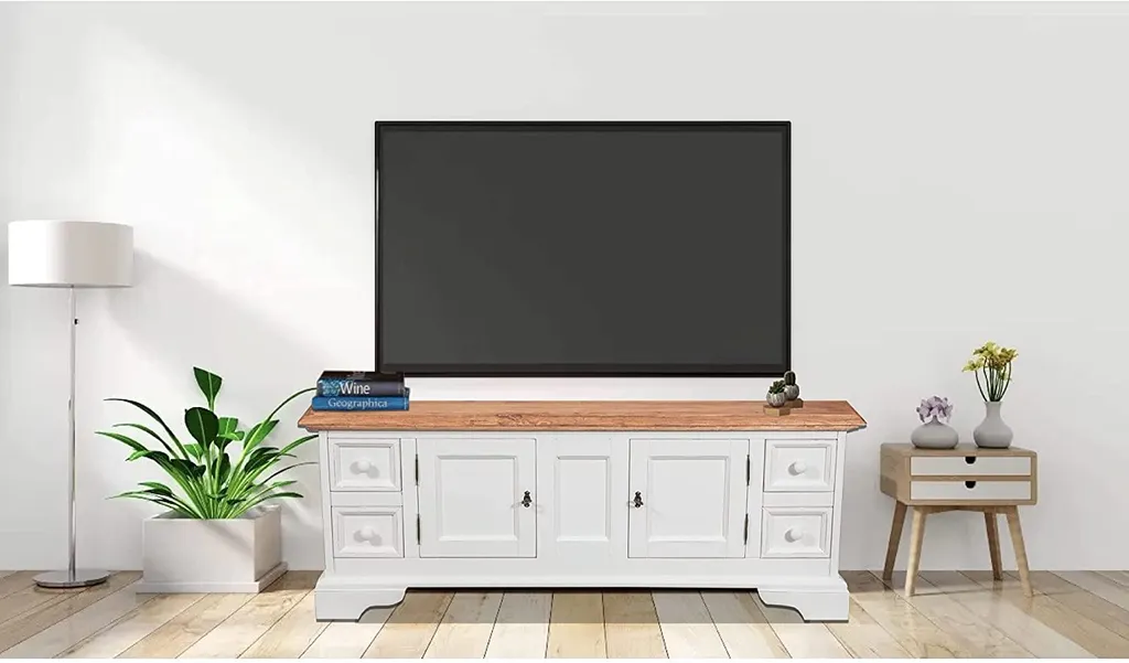 Tv Schrank 150x51x56 Cm, Tv Möbel Massivholz, Weiß/Holz – Bild 3