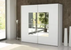 Schwebetürenschrank Ascona II Kleiderschrank 219x62x206cm 2-türig Weiß / Spiegel