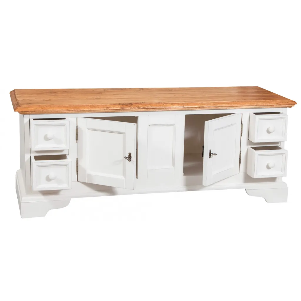 Tv Schrank 150x51x56 Cm, Tv Möbel Massivholz, Weiß/Holz – Bild 2