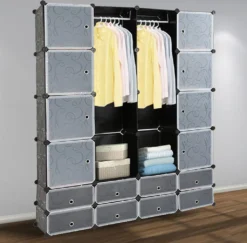 EINFEBEN 16 Wuerfel Regalsystem Kleiderschrank Kleiderschränke DIY Garderobenschrank Schwarz Kunststoff Aufbewahrung Garderobe Fuer Schlafzimmer Mit Tueren 180 * 142 * 37CM