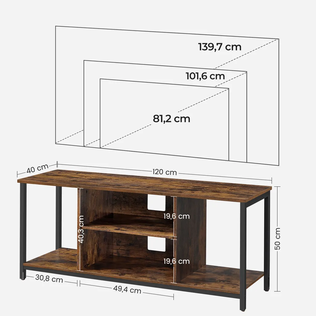 VASAGLE Fernsehtisch, TV-Schrank, TV-Regal, 120 X 40 X 50 Cm, Für Fernseher Bis Zu 60 Zoll, Lowboard Mit Offenen Fächern, Industrie-Design, Vintagebraun-schwarz LTV060B01 – Bild 3