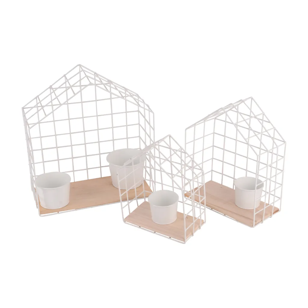 UNUS GARDEN 3er Set Wandregal Metallgitter Haus Weiß Zum Aufhängen Mit 4 Töpfen