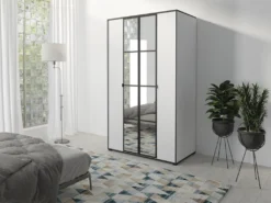 FURNIX Kleiderschrank OLSENIE I 120 Cm Flügeltüren Weiß-Schwarz