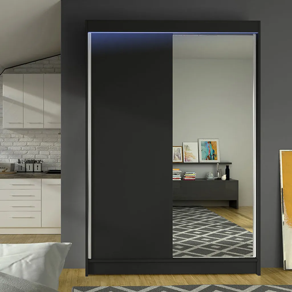 Mirjan24 Schiebetürenschrank Lino I, Mit Spiegel, Kleiderschrank Vom Hersteller (Schwarz, Mit RGB LED Beleuchtung)