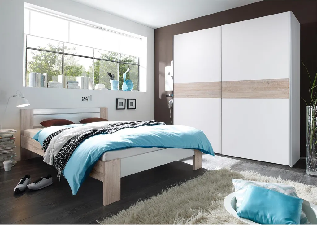 Schwebetürenschrank Kleiderschrank Schiebetürenschrank Schrank "Noni I" Weiß / Absetzung Sonoma-Eiche – Bild 3