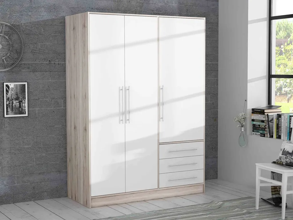 Drehtürenschrank Kleiderschrank JUPITER Weiß - Sandeiche 145 Cm 3 - Türig - Die Möbelfundgrube – Bild 2